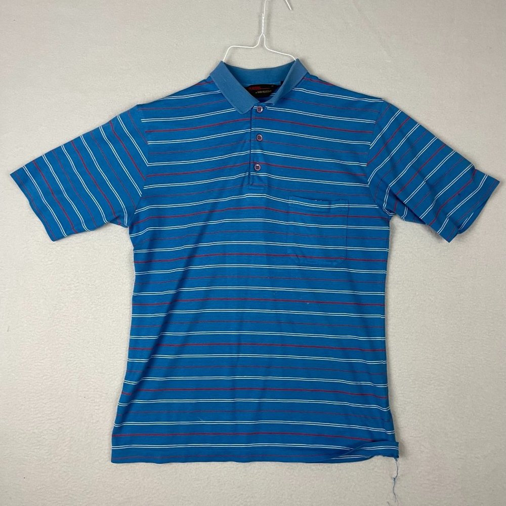 Vintage 1980s Players by Van Heusen Polo Shirt Mens Medium Blue Stripe Slim Fit